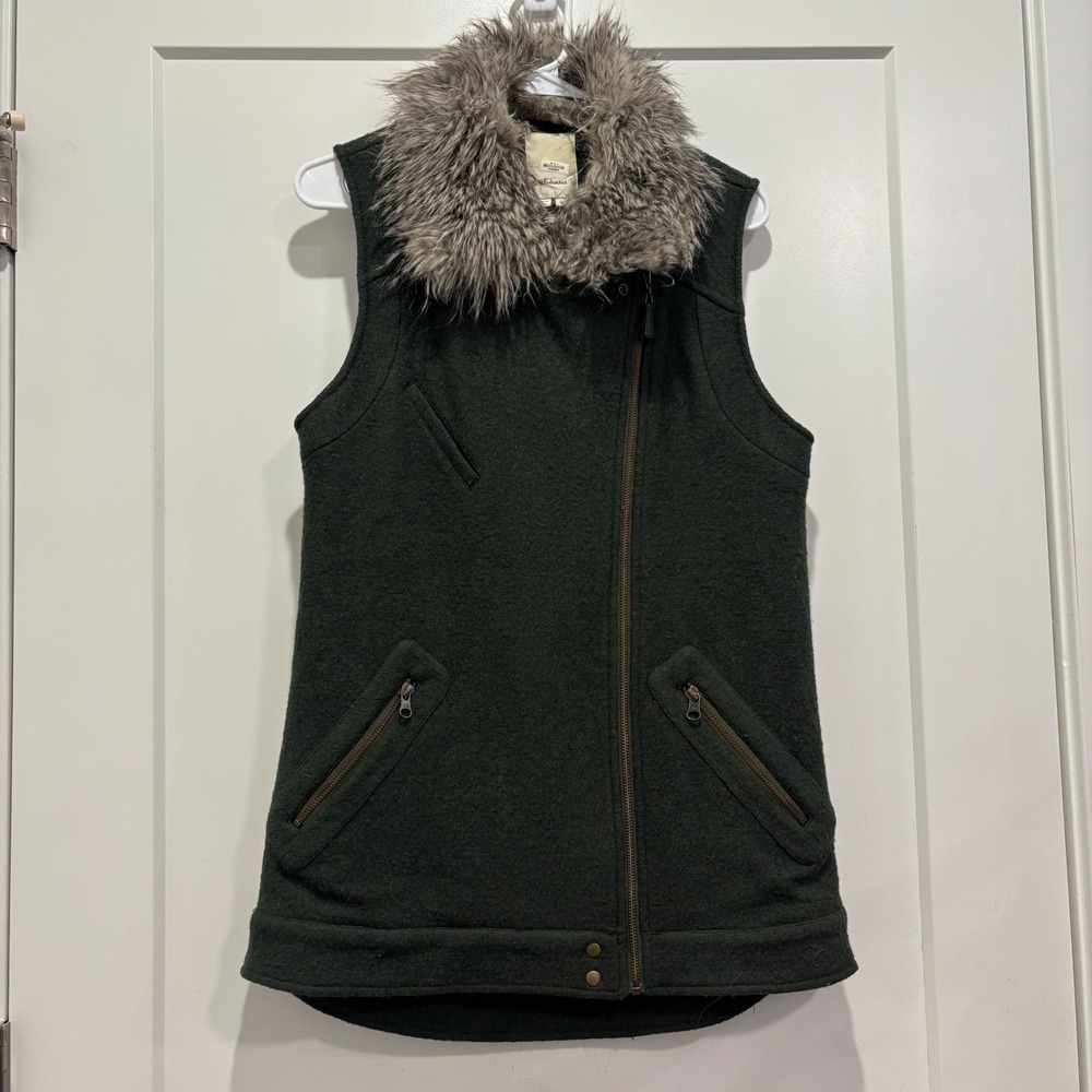 Elevenses Anthropologie Green Wool Faux Fur Collar Crochet Back Vest Medium